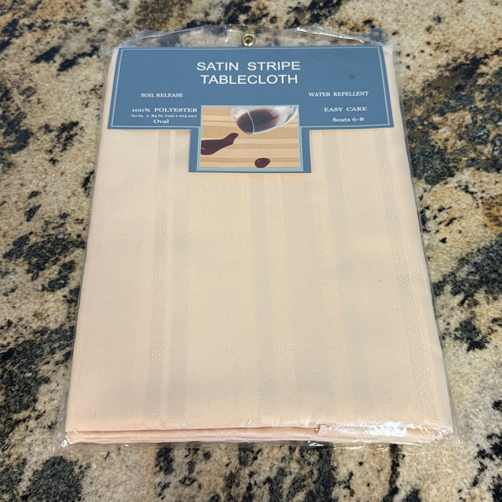 Beige SATIN STRIPE TABLECLOTH SOIL RELEASE WATER REPELLENT OVAL 60 X 84 New
